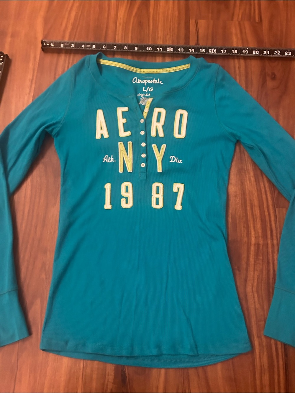 Like New Aeropostale Teal Long Sleeve Henley Logo Top Lime Accents L